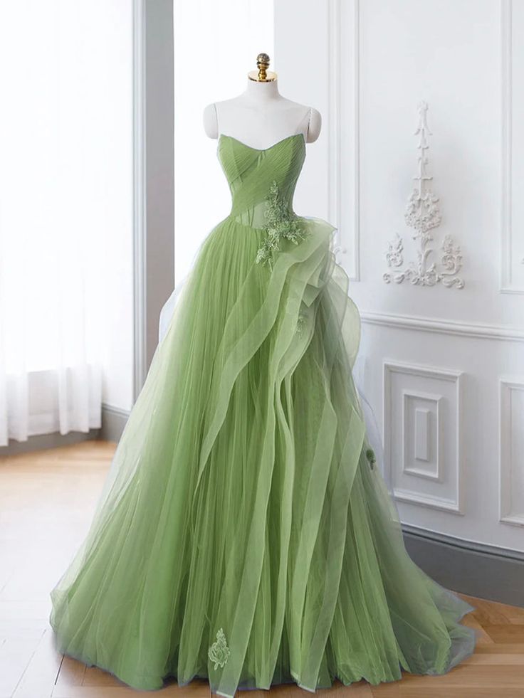Green A-Line Long Prom Dress, Green Lace Long Evening Dress cg25028