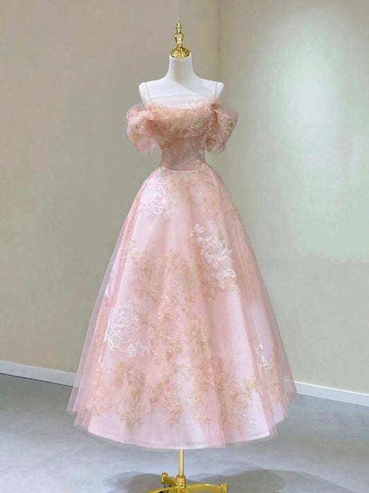 Rosa Spaghettiträger Tüll Spitze kurzes Ballkleid, süßes A-Linien Partykleid cg25029