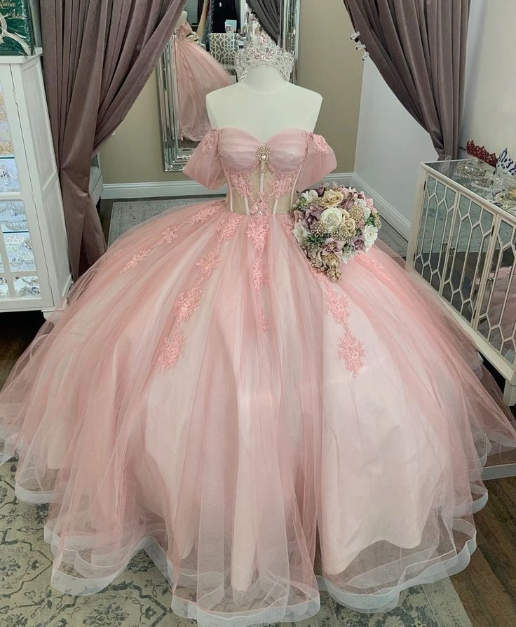 Glitter Pink Off the Shoulder Quinceanera Dresses Ball Gown Prom Dress Crystal Appliques Lace Tull Sweet 16 Vestidos 15 De XV Anos cg25059