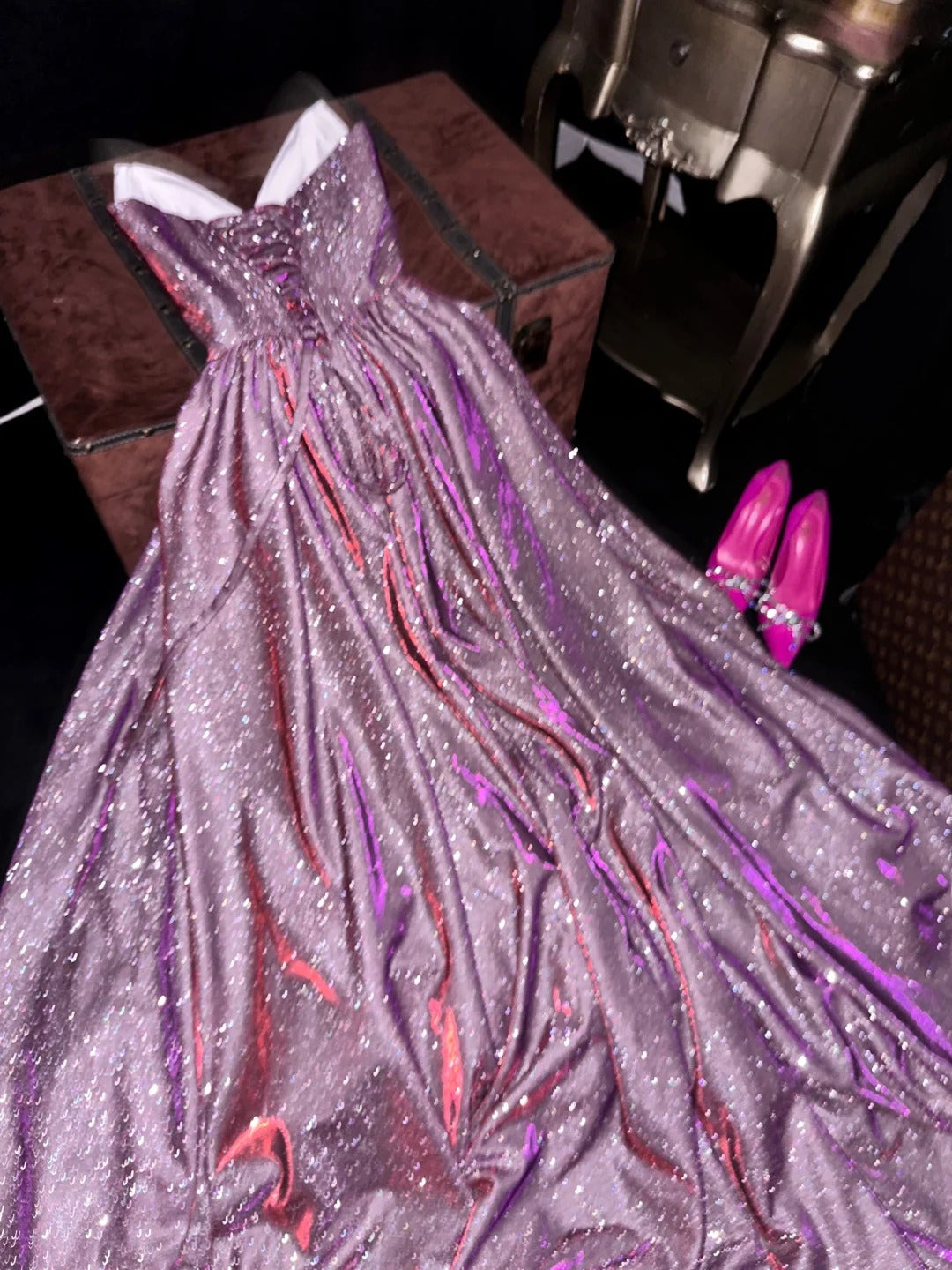 A Line Vintage Strapless Purple Shinny Long Prom Party Dresses Unique Evening Dress cg26066