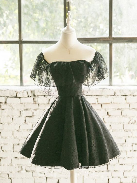Black Off Shoulder Lace Sweetheart Lovely Short Homecoming Dress, Black Party Dress cg25022