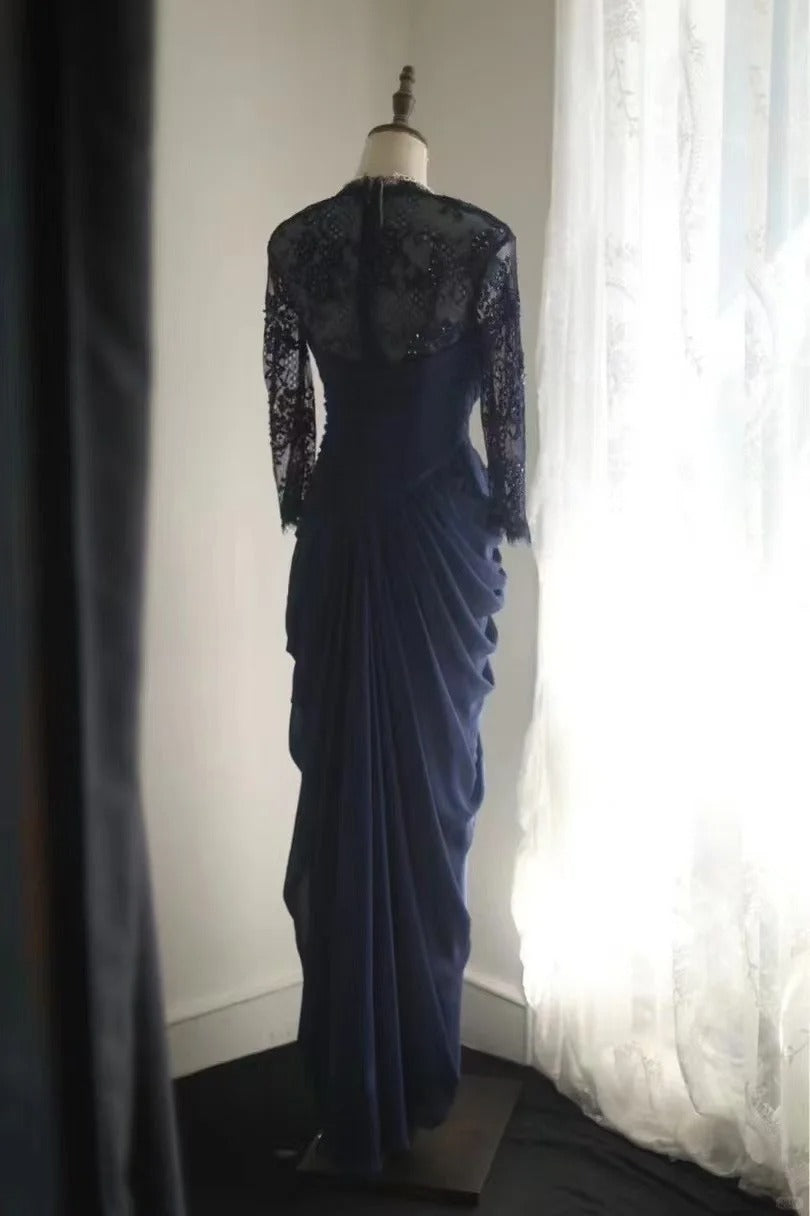 Navy Blue Lace Prom Dresses, Long Evening Dress Vintage Formal Dress cg25978