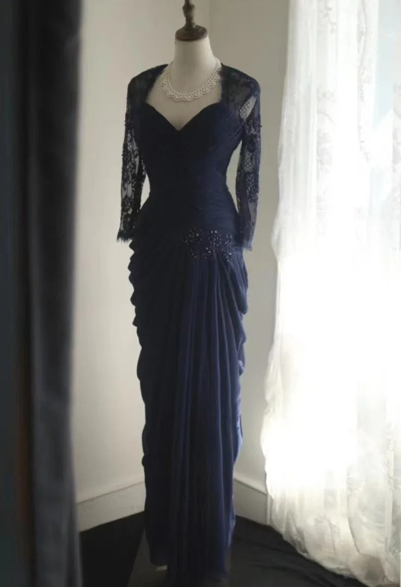 Navy Blue Lace Prom Dresses, Long Evening Dress Vintage Formal Dress cg25978