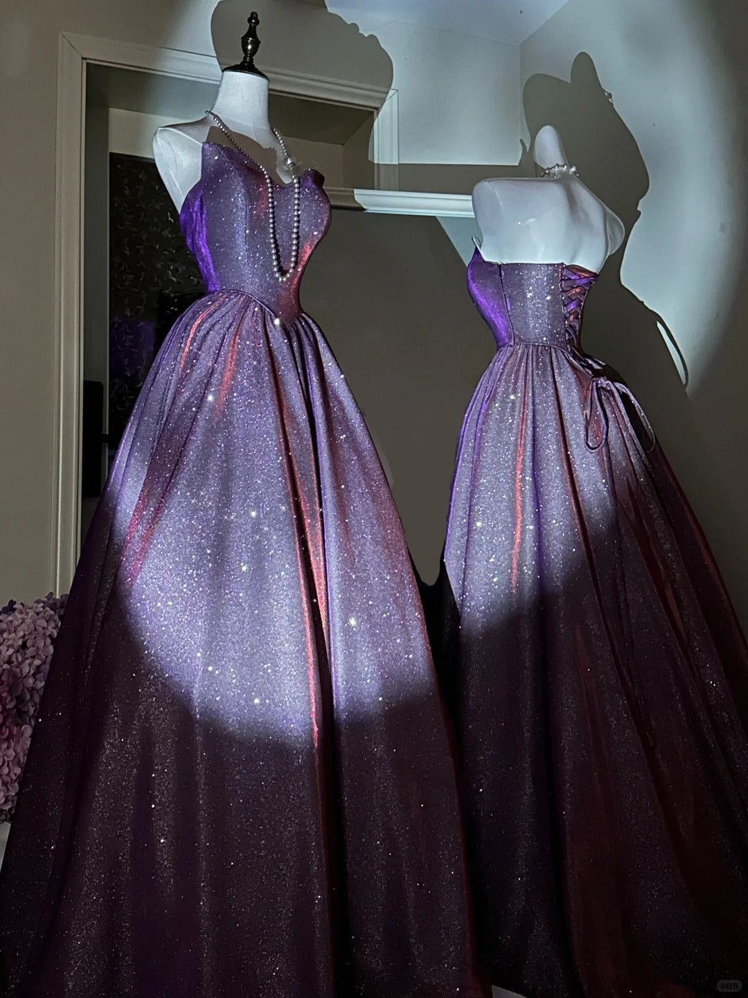 A Line Vintage Strapless Purple Shinny Long Prom Party Dresses Unique Evening Dress cg26066