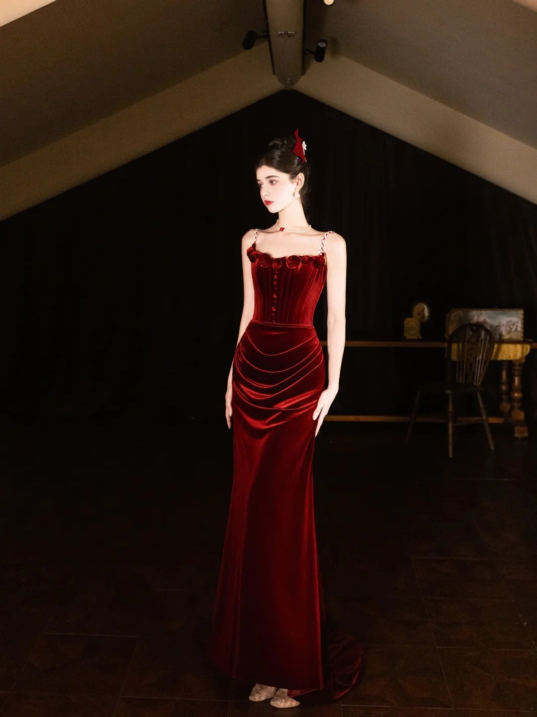 Burgundy Mermaid Velvet Vintage Evening Dresses,Sleeveless Party Gowns cg25489