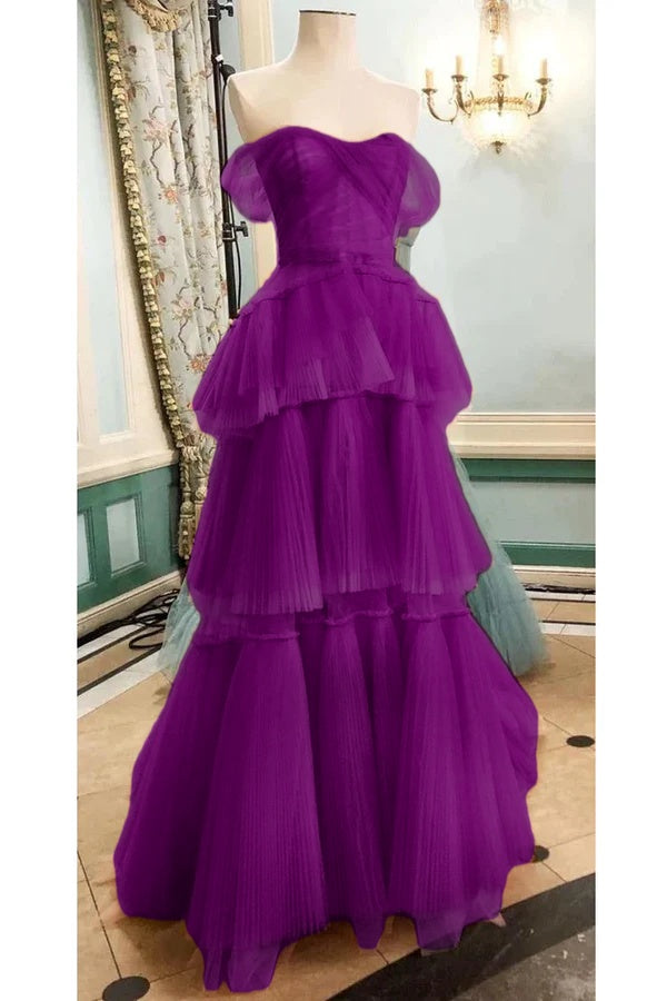 Off The Shoulder Tulle Tiered Long Prom Dress, A Line Evening Gown cg24857
