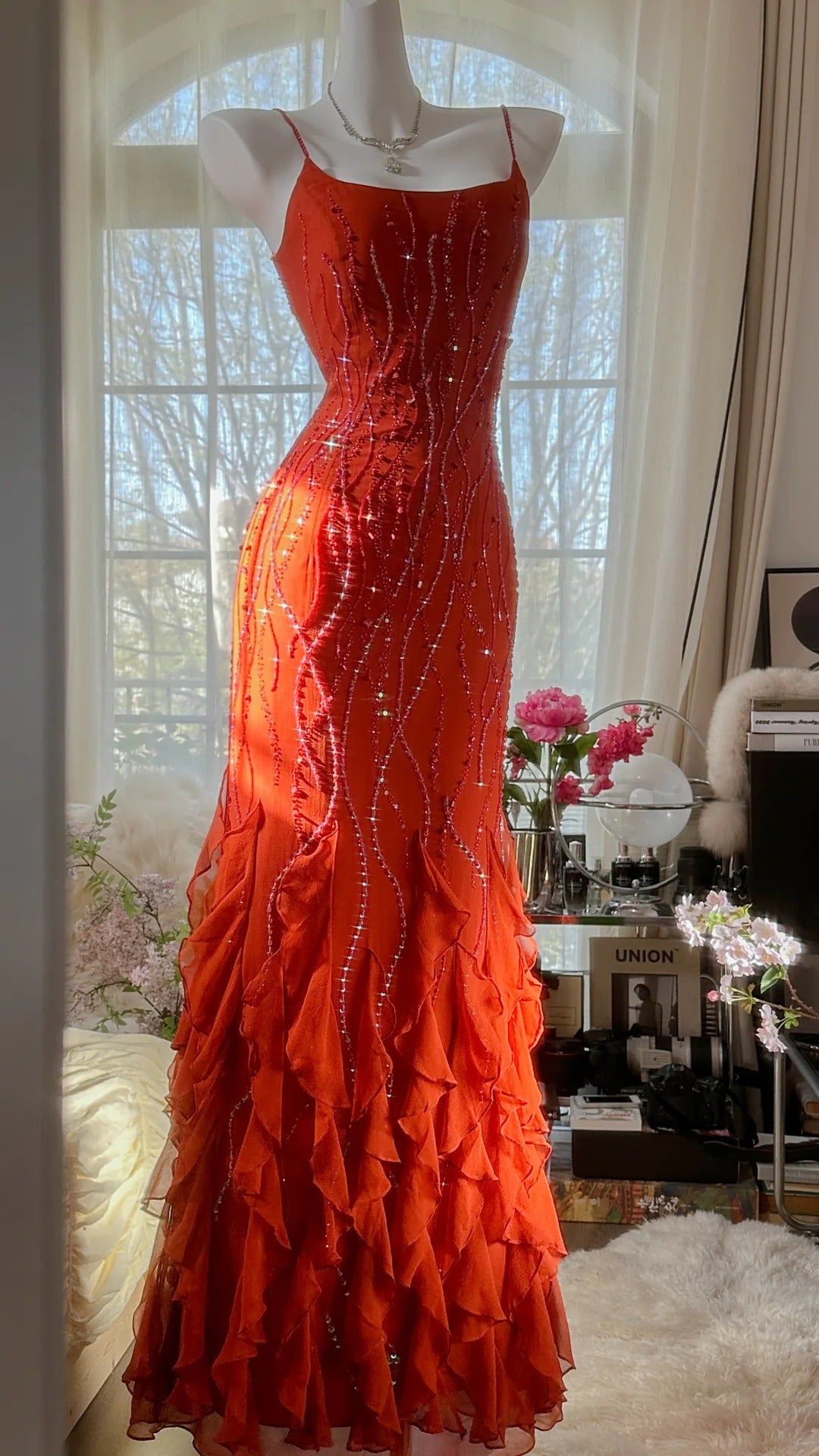 Vintage Evening Dresses, Orange Mermaid Sleeveless Long Party Gowns cg25529