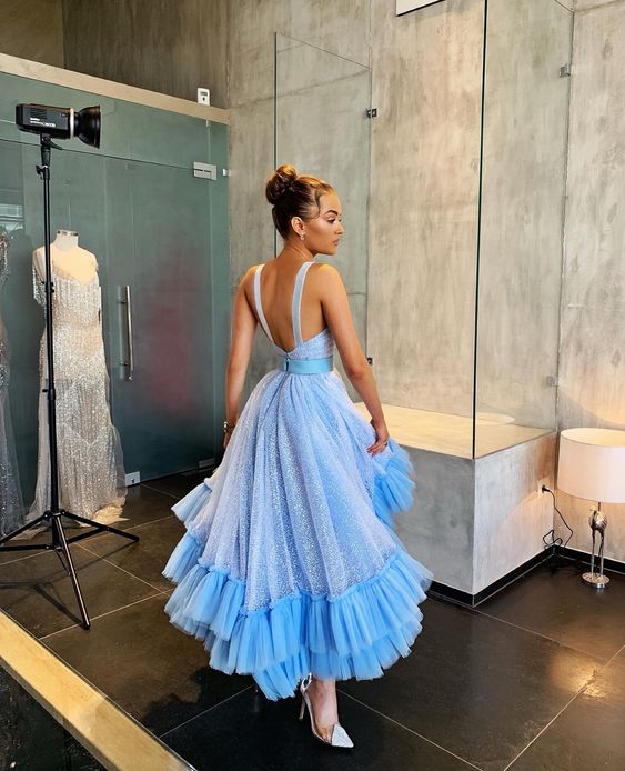 Sparkly Light Blue Bateau Ball Gown Short Backless Prom Dress cg7761