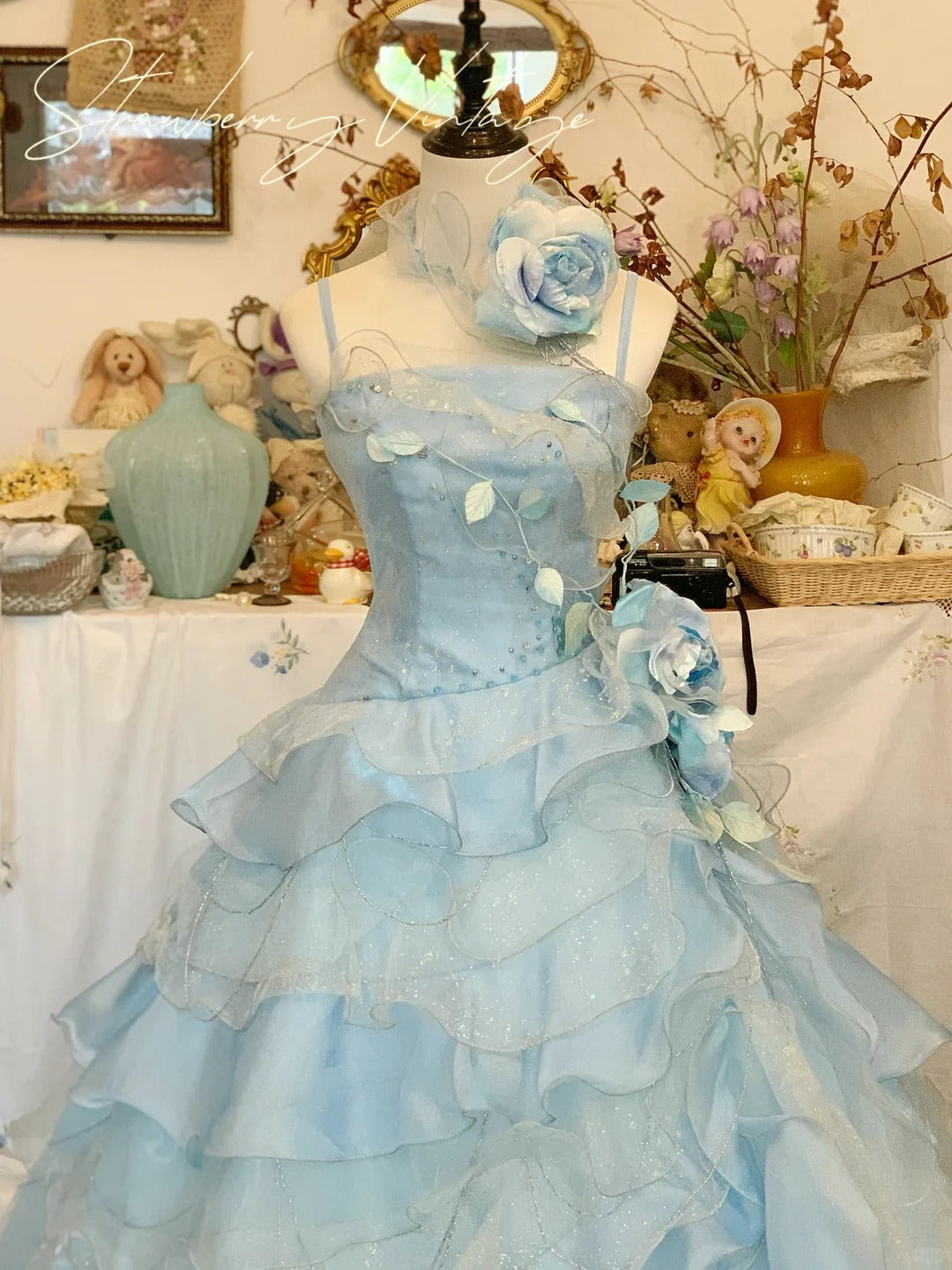 A Line Blue Tulle Ball Gown Quinceanera Dress Unique Long Evening Dress cg25485