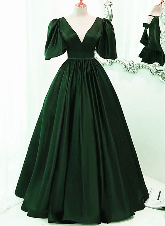 Green Satin Short Sleeves Long Party Dress, Green Floor Length Evening Dress Prom Dress cg25042