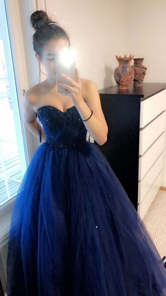 A-Linie Marineblau Tüll Ball Party Kleider Einzigartiges Abendkleid Langes Abendkleid cg26044