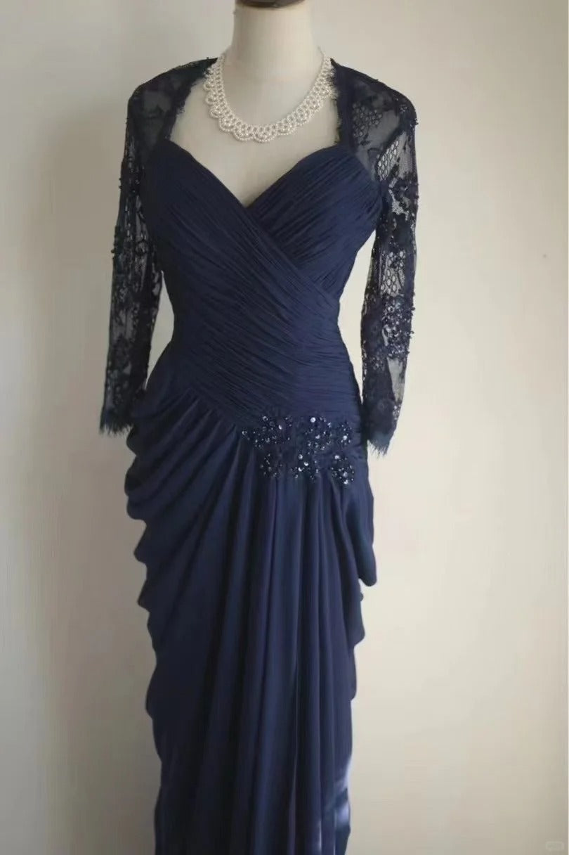 Navy Blue Lace Prom Dresses, Long Evening Dress Vintage Formal Dress cg25978