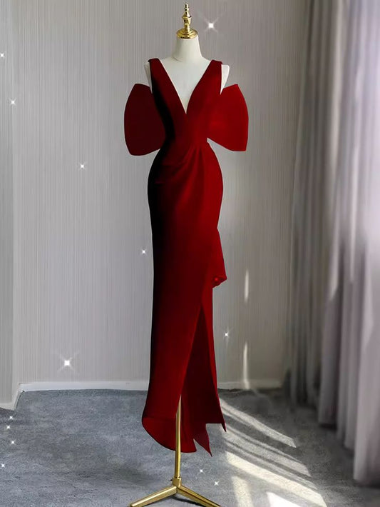 Sexy Etuikleid mit V-Ausschnitt, lang, rot, für Senioren, formelles Kleid, cg25119
