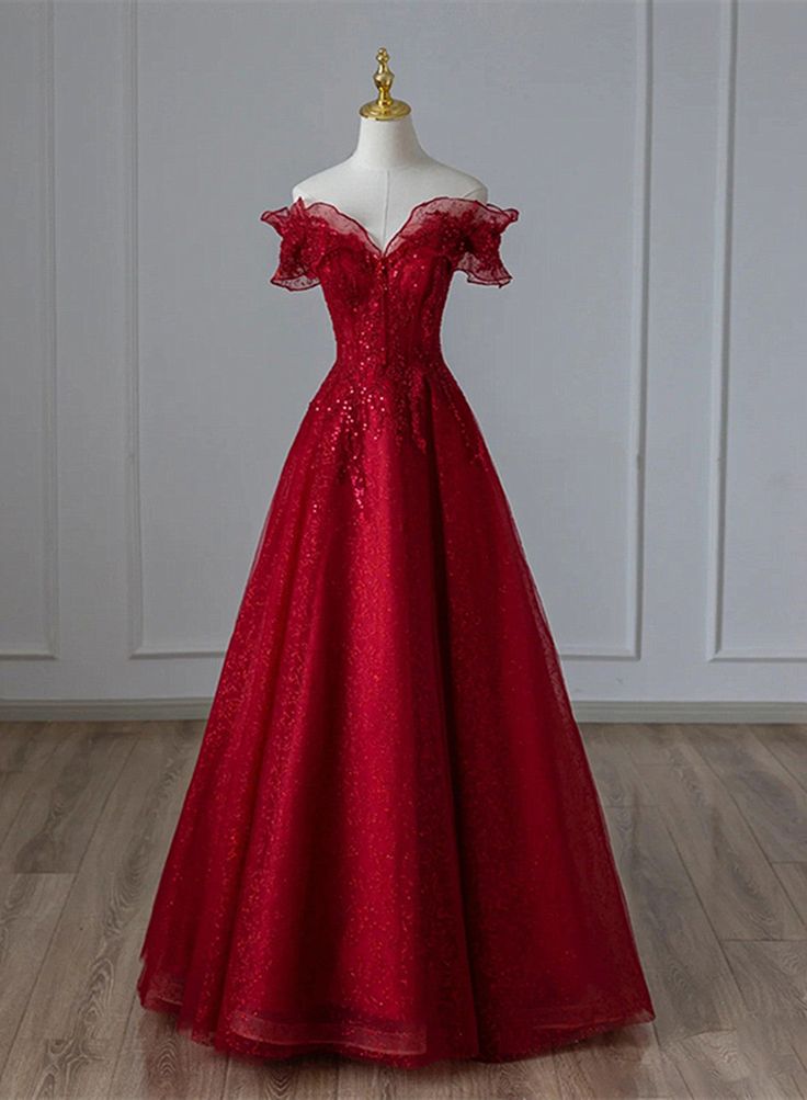 Wine Red Tulle with Sequins and Lace Party Dress, Wine Red A-line Prom Dress cg25051