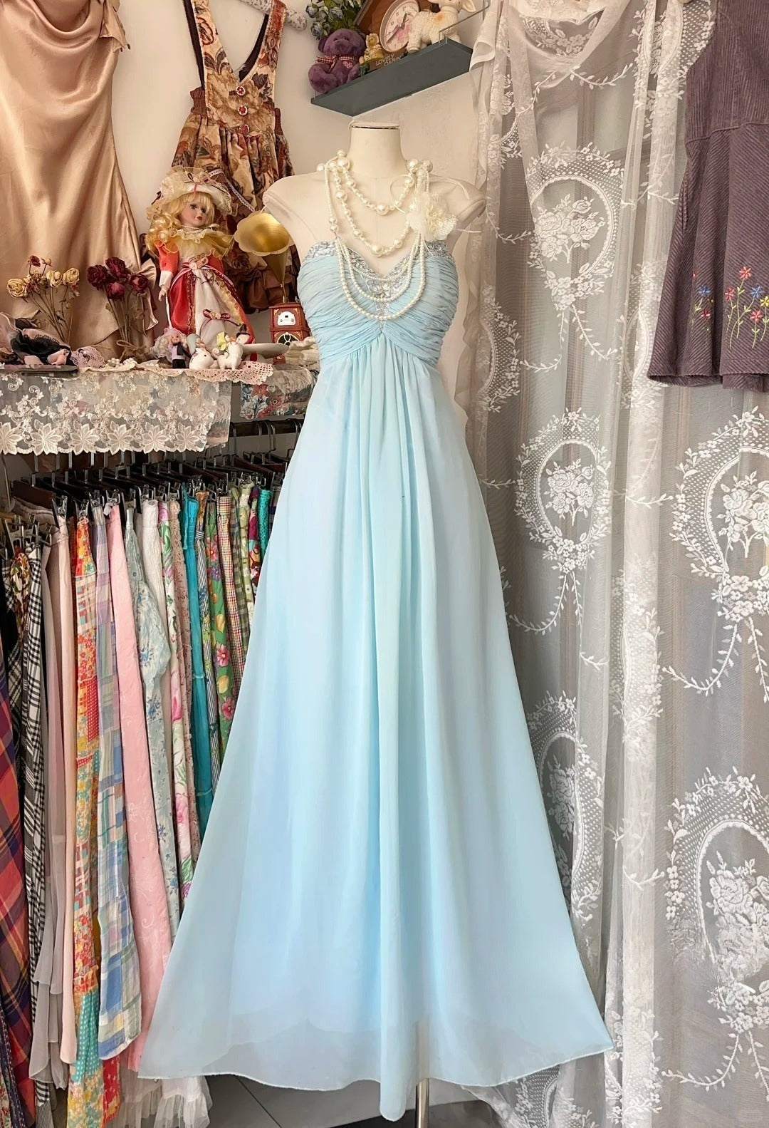 Light Sky Blue Chiffon Vintage Evening Dresses, Sleeveless Party Gowns cg25495 Light Sky Blue Chiffon Vintage Evening Dresses, Sleeveless Party Gowns cg25495