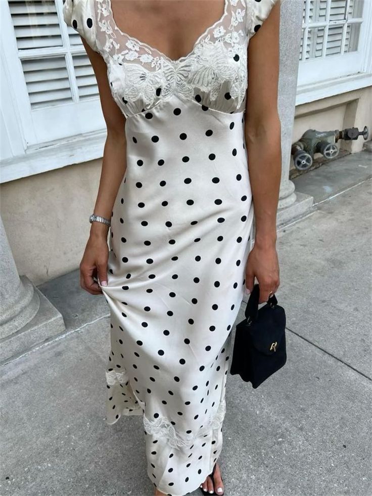 Lace Patchwork Satin Polka Dot A-Line Maxi Dress for Women Elegant Chic Birthday Party Outfit Evening Dress cg25820