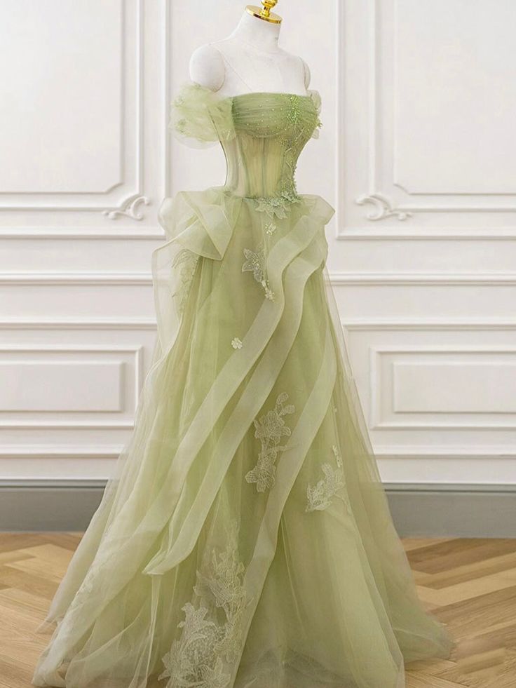 A-Line Off Shoulder Tulle Lace Green Long Prom Dress, Green Long Graduation Dress cg25025