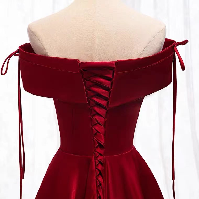 A-Line Burgundy Satin Off the Shoulder Prom Dress cg19183