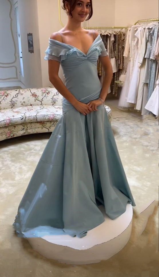 Blue Off-the-shoulder Elegant A-Line Long Prom Dress Birthday Dress cg25465
