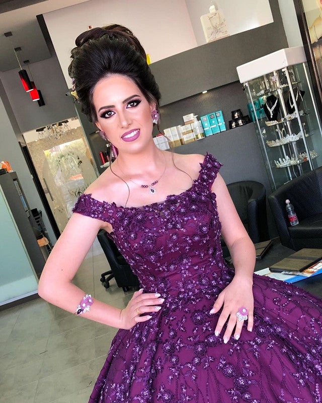 Elegant Purple Lace Ball Gown Off The Shoulder Quinceanera prom Dress For Sweet 16 cg19726