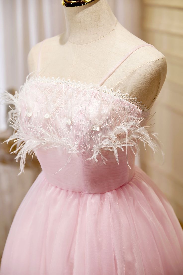 Pink Spaghetti Strap Tulle Short Prom Dress with Feather, Pink Party Dress cg25037