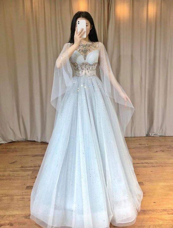 Elegant Tulle Light Blue Long Prom Dress, Formal Evening Dress cg25109