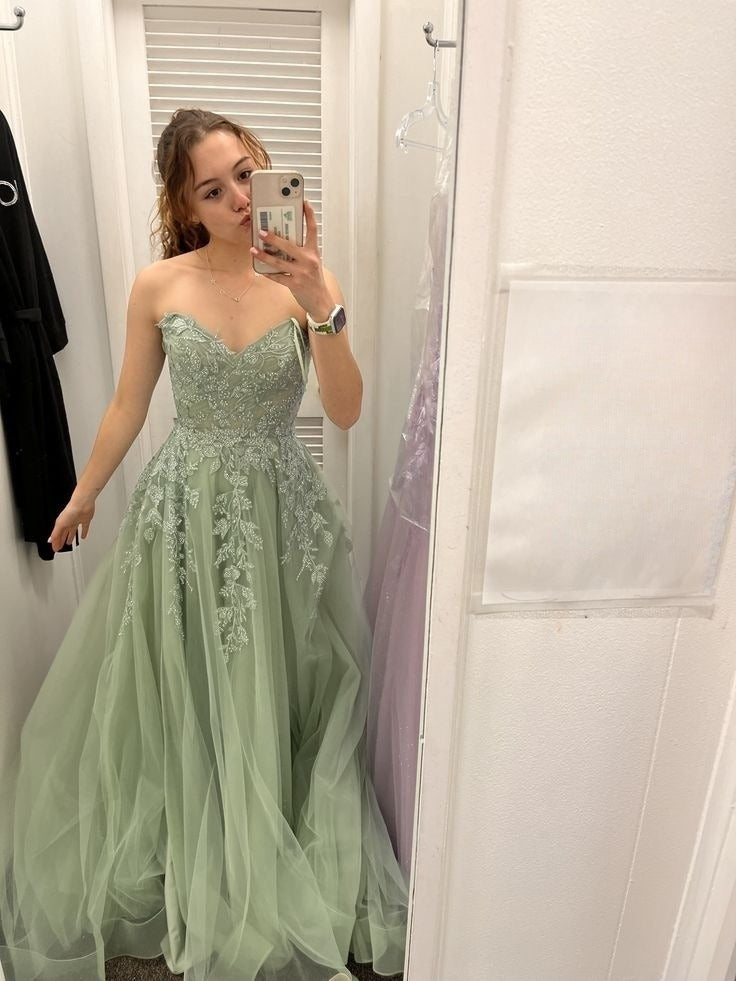 A Line Sage Green Tulle Evening Dress Long Prom Party Dress cg25638