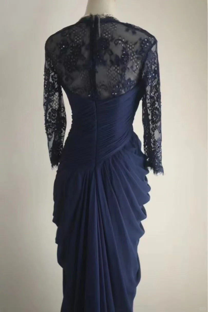 Navy Blue Lace Prom Dresses, Long Evening Dress Vintage Formal Dress cg25978