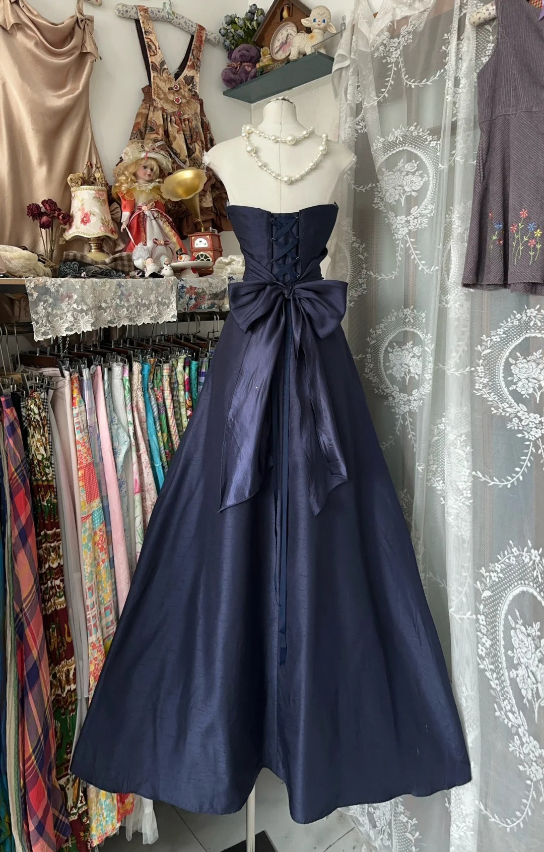 A Line Navy Blue Vintage Long Party Dress Evening Dress Prom Dresses cg25749