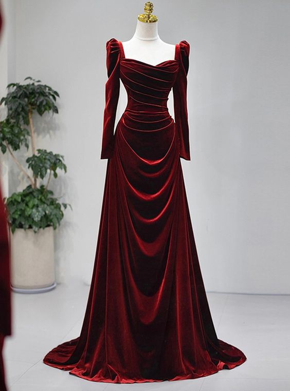 Elegant Wine Red Velvet Long Sleeves Formal Dress, Formal Wedding Part classygown Elegant Wine Red Velvet Long Sleeves Formal Dress, Formal Wedding Part classygown