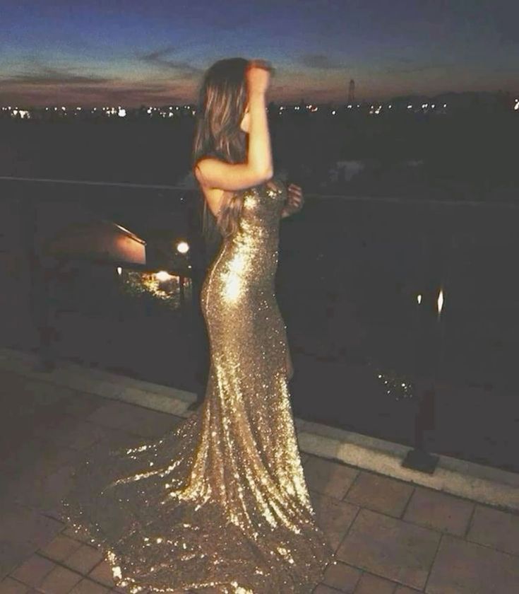 Gold Sequins Mermaid Prom Dresses Sexy Open Back Evening Dress with Sweep Train cg17766