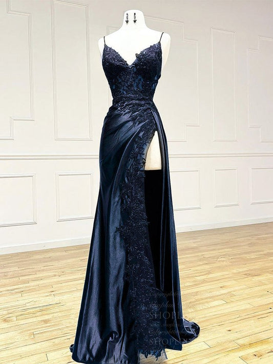 Dunkelblaues langes Ballkleid aus Satinspitze mit V-Ausschnitt, dunkelblaues langes Abendkleid aus Spitze cg25054