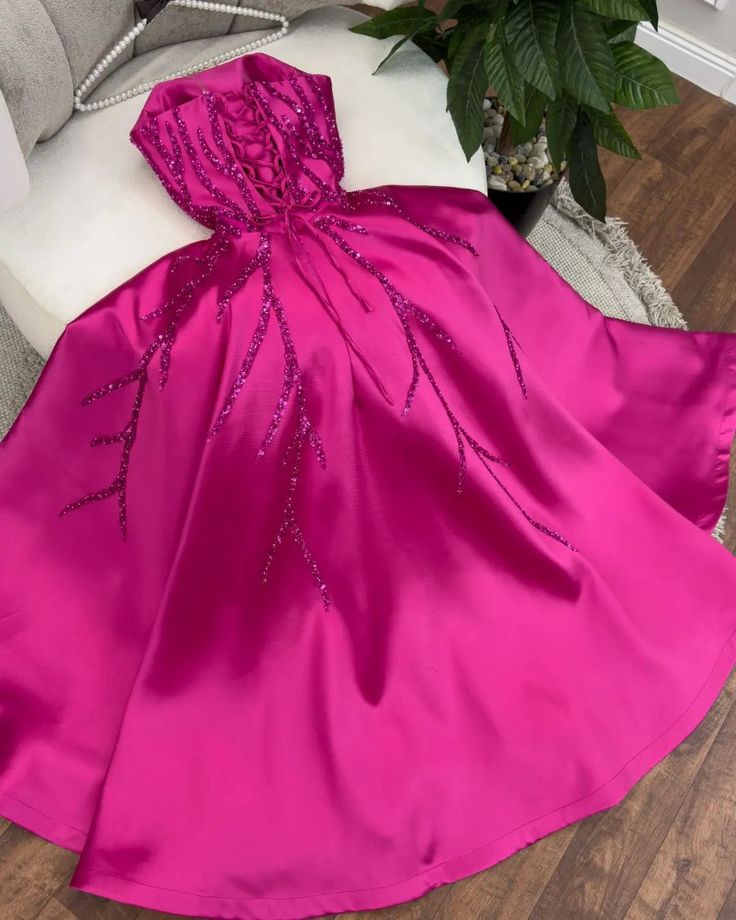 A Line Hot Pink Satin Sequin Long Party Dress Evening Dress Prom Dresses cg25679