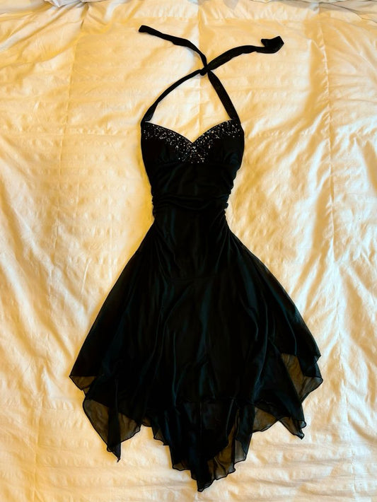 Vintage schwarzes kurzes Partykleid aus Chiffon, Heimkehrkleid, cg25391