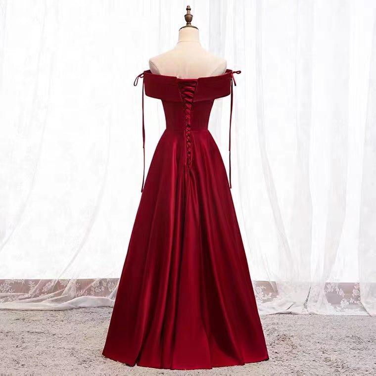 A-Line Burgundy Satin Off the Shoulder Prom Dress cg19183