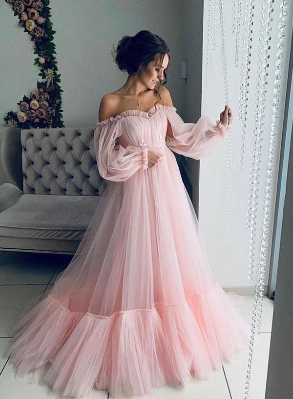 yellow tulle prom dresses long sleeves off shoulder cg10899