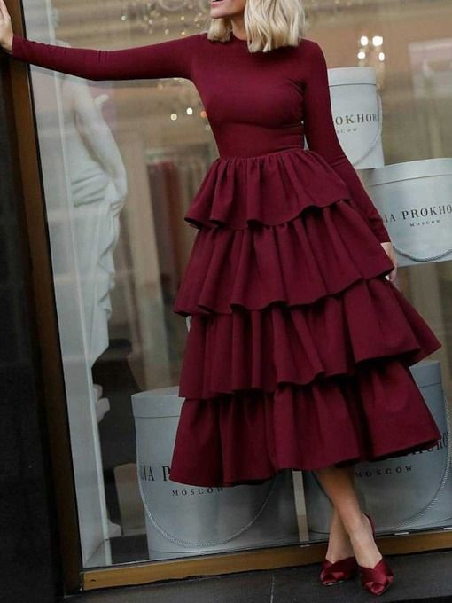 Burgundy Long Sleeves Prom Dress with Layered Skirt cg7058