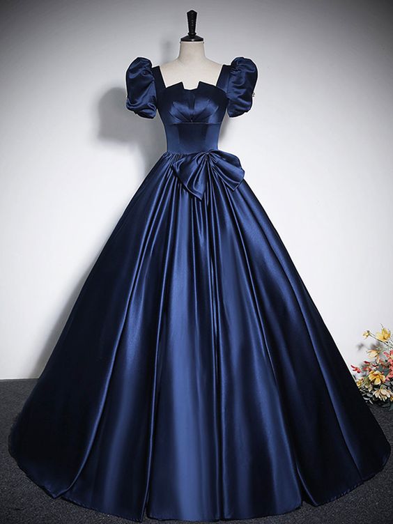 Elegant Blue Satin Floor-Length Prom Dresses, Square Neckline Puffy Short Sleeve Bow Formal Dresses cg25015