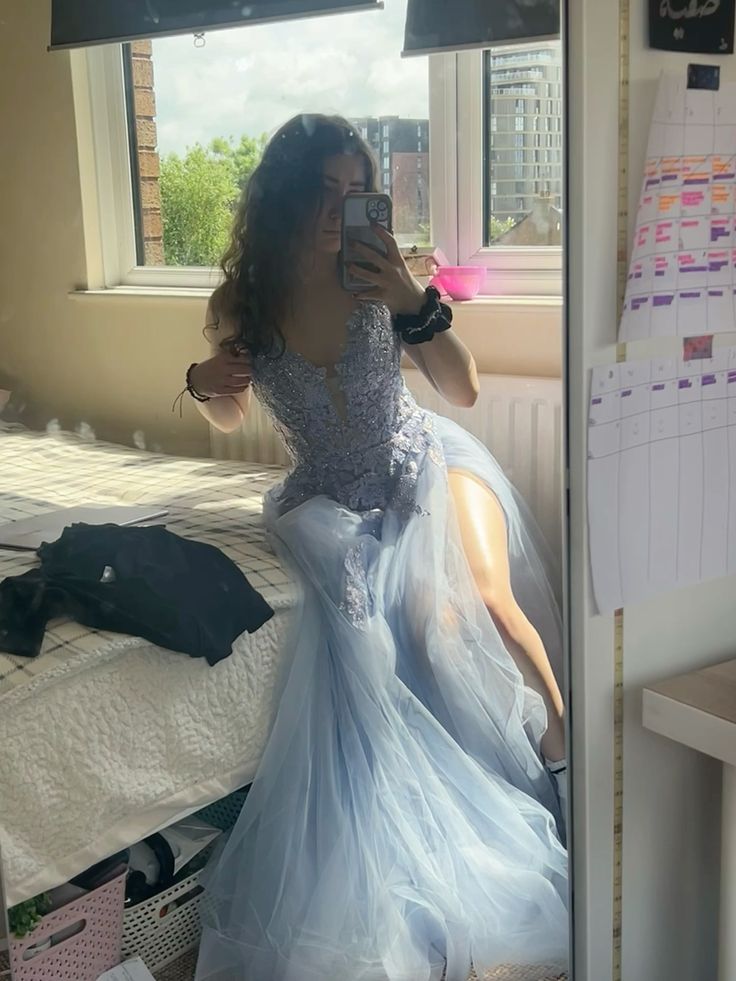 A Line Tulle Long Light Sky Blue Prom Party Dresses Unique Evening Dress cg26057