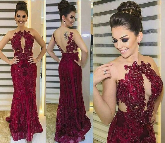 Sexy Mermaid Lace Red Beading Backless Prom Dress cg7205