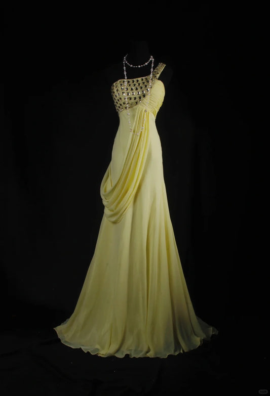 Gelbe One-Shoulder-Chiffon-Vintage-Abendkleider, ärmellose lange Partykleider cg25500
