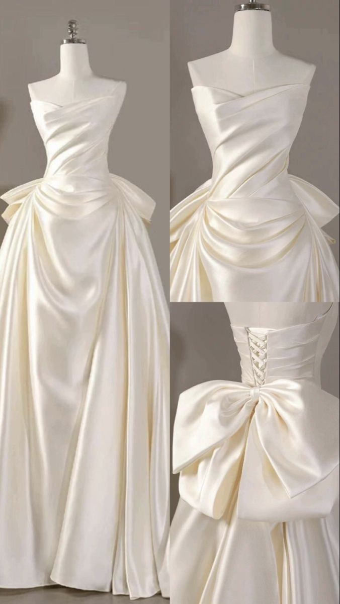 Ivory Satin Strapless Pleats Bow Wedding Dress Long Bridal Gowns cg25692