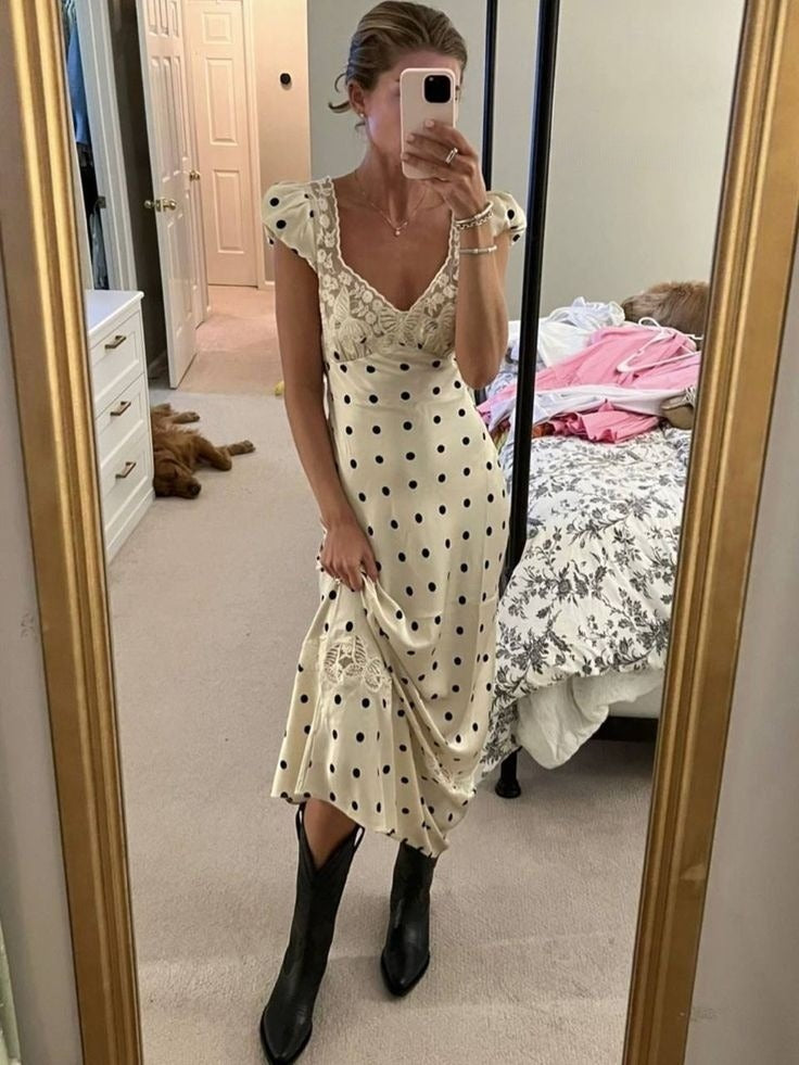Lace Patchwork Satin Polka Dot A-Line Maxi Dress for Women Elegant Chic Birthday Party Outfit Evening Dress cg25820