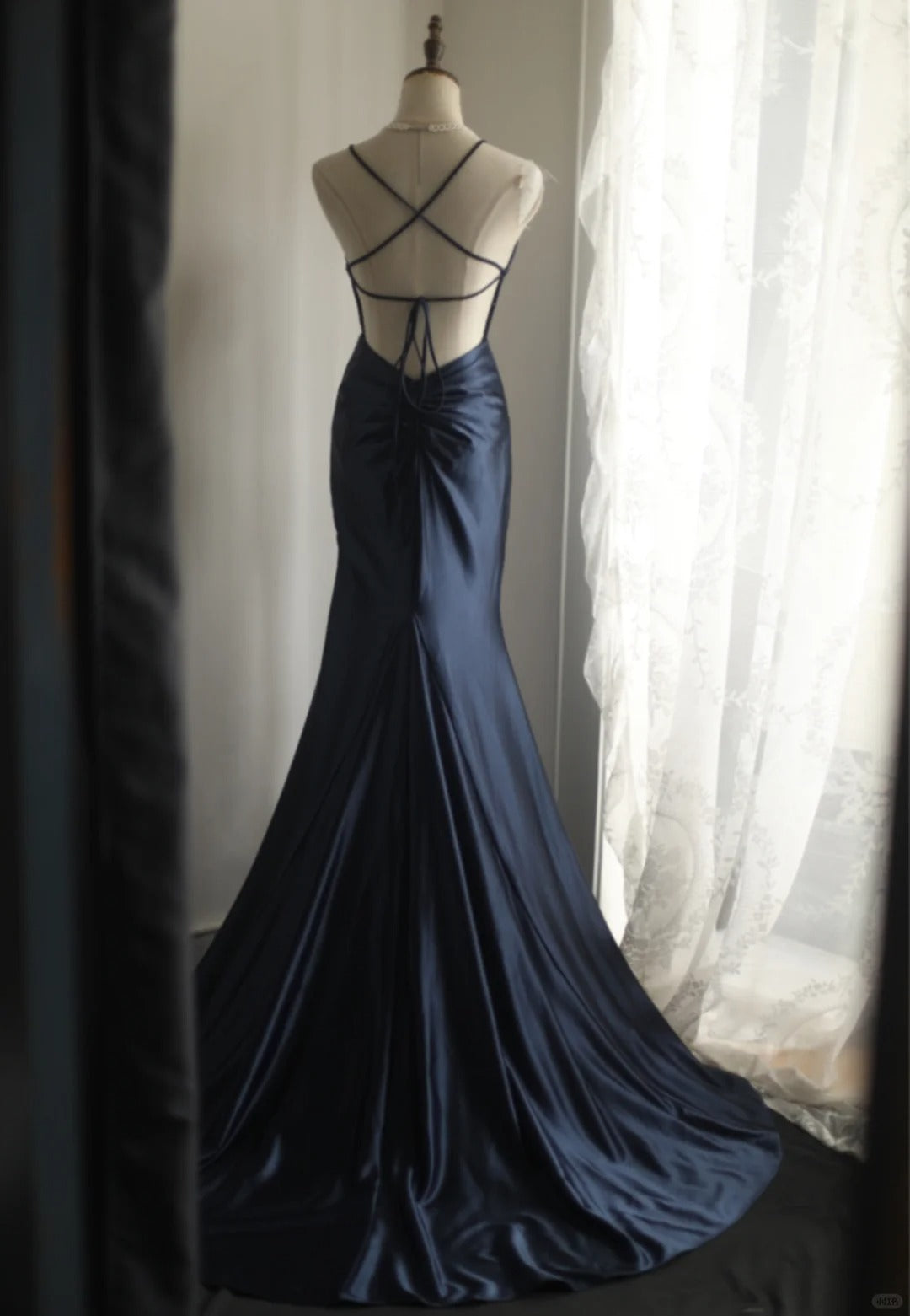 Navy Blue Satin Simple Prom Party Dresses Unique Long Evening Dress cg25946