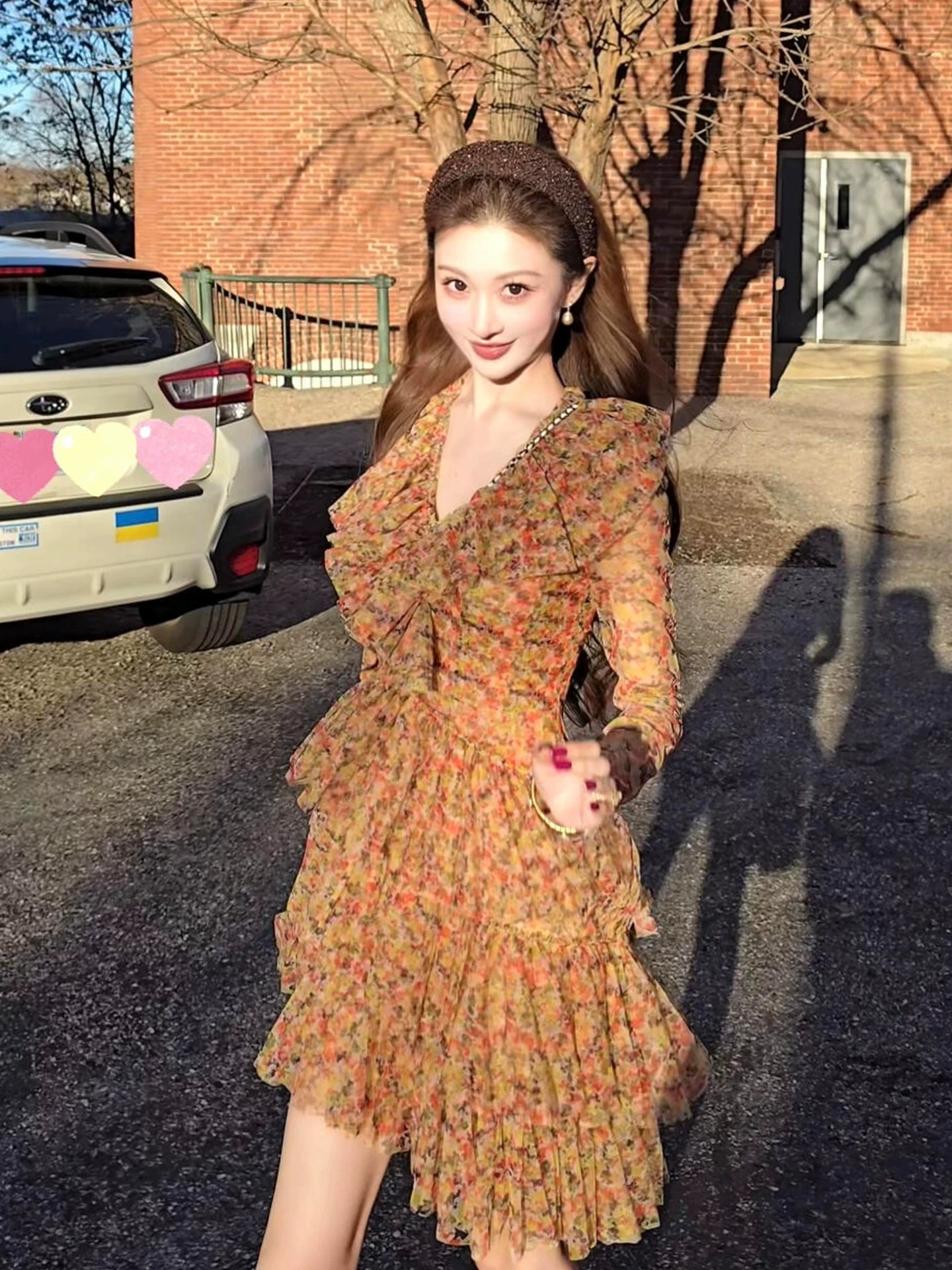 Retro V-neck floral long-sleeved dress with ruffled waist and tiered skirt G042