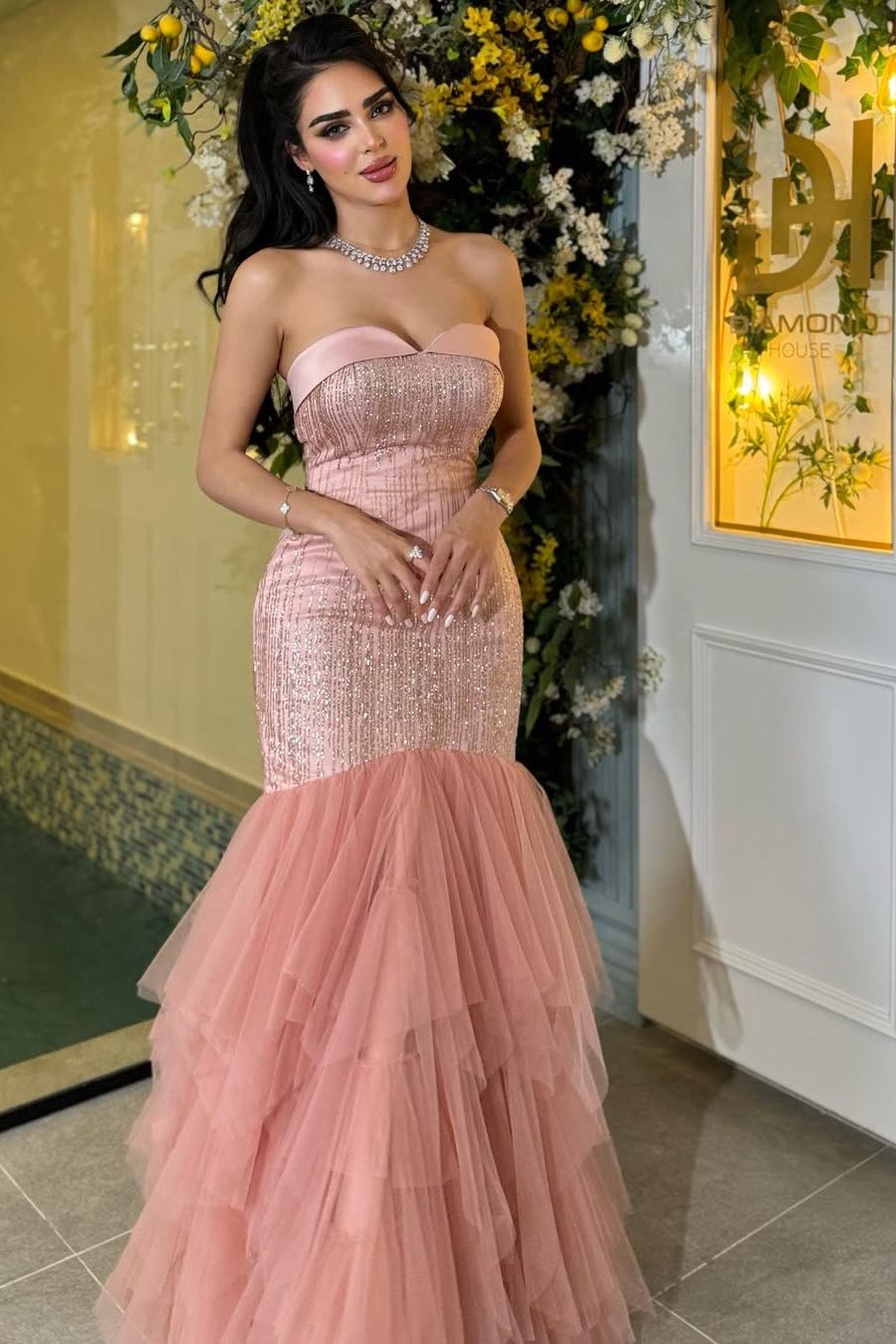 Dusty Pink Strapless Mermaid Evening Dress Tulle Long With Sequins cg26171