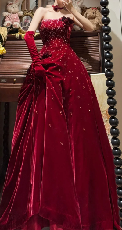 burgundy dress birthday Velvet Prom Party With Gloves Party Dress With – classygown A versatile investment piece Color:Custom Made Tiered Off-Shoulder Prom Dress AUG25BS