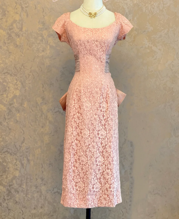 Pink Lace Prom Party Dress Evening Dress Short Sleeves Party Dress cg26297