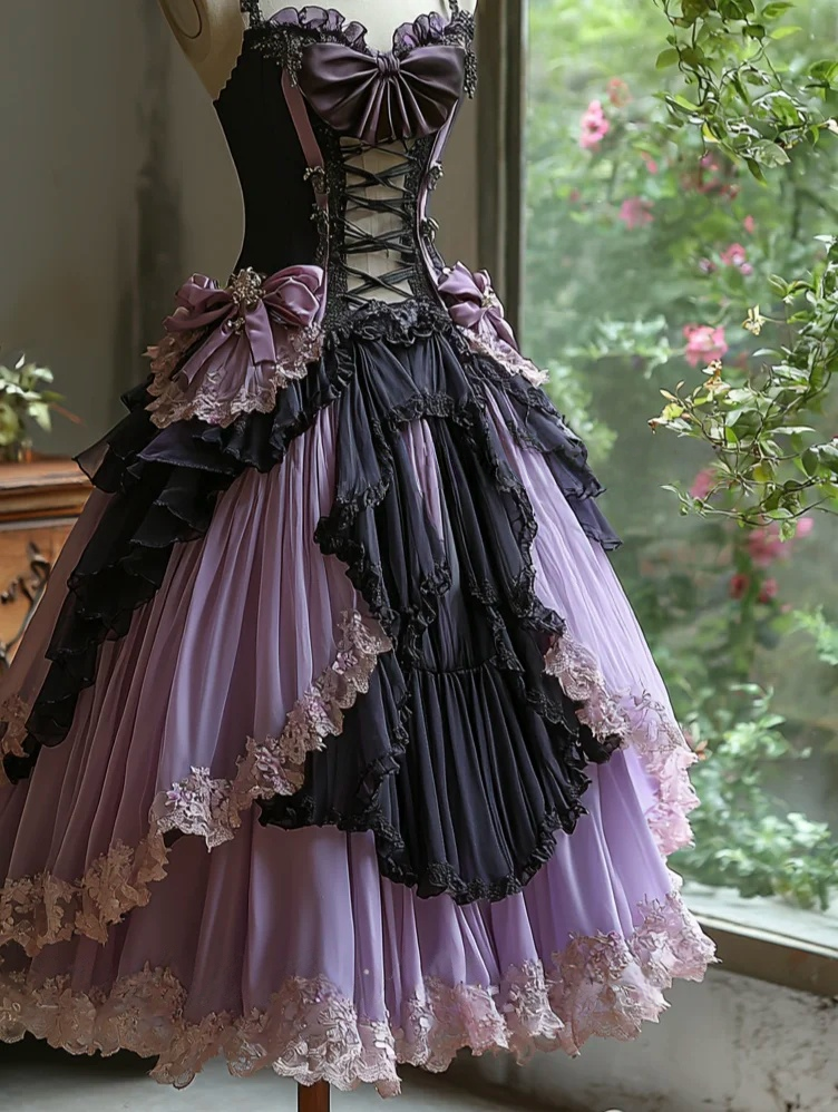 Lilac &Black Chiffon Lace Prom Party Dress Birthday Dress cg26292