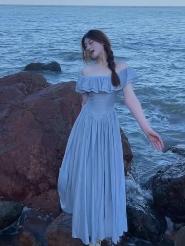 Ruffled dress for women, summer off-shoulder super fairy long dress G084